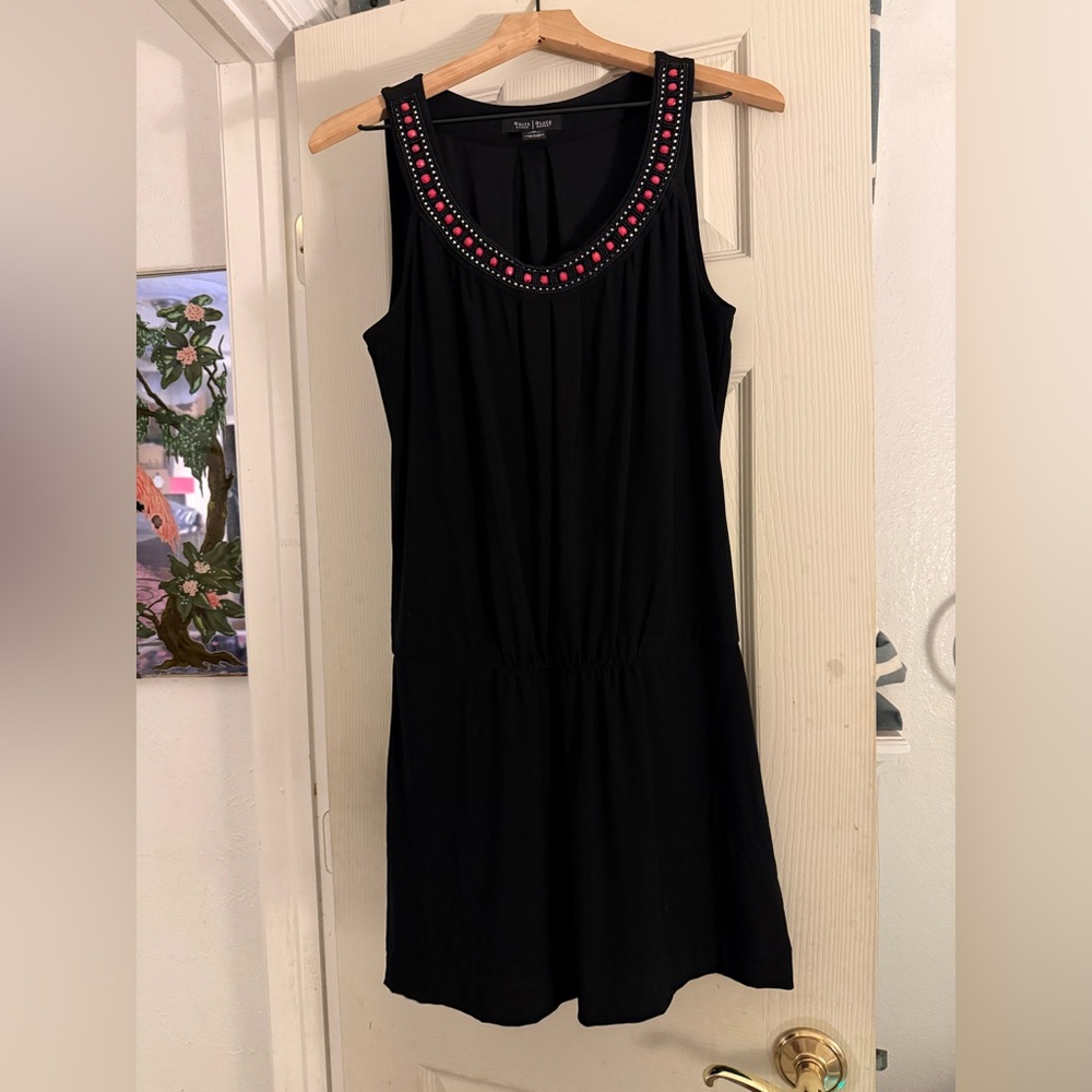 White House Black Market Black Dress with Pink & Black Beaded Neckline